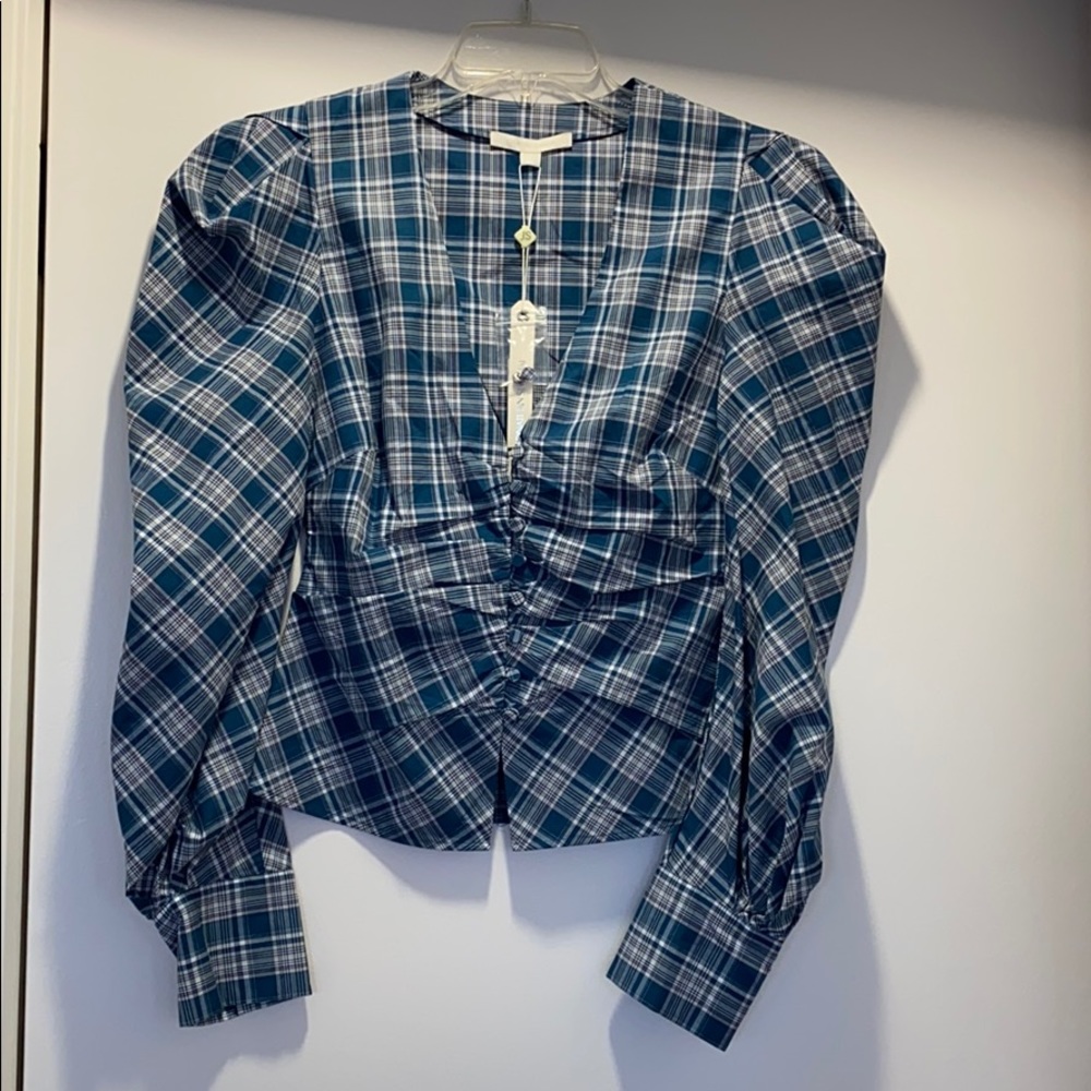 Jonathan simkhai oxford plaid ruched front shirt